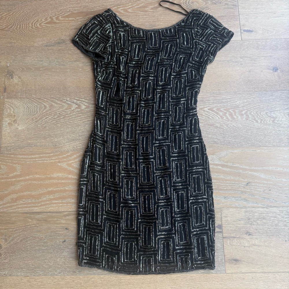 Aidan Mattox Black Beaded Geometric Mini Dress